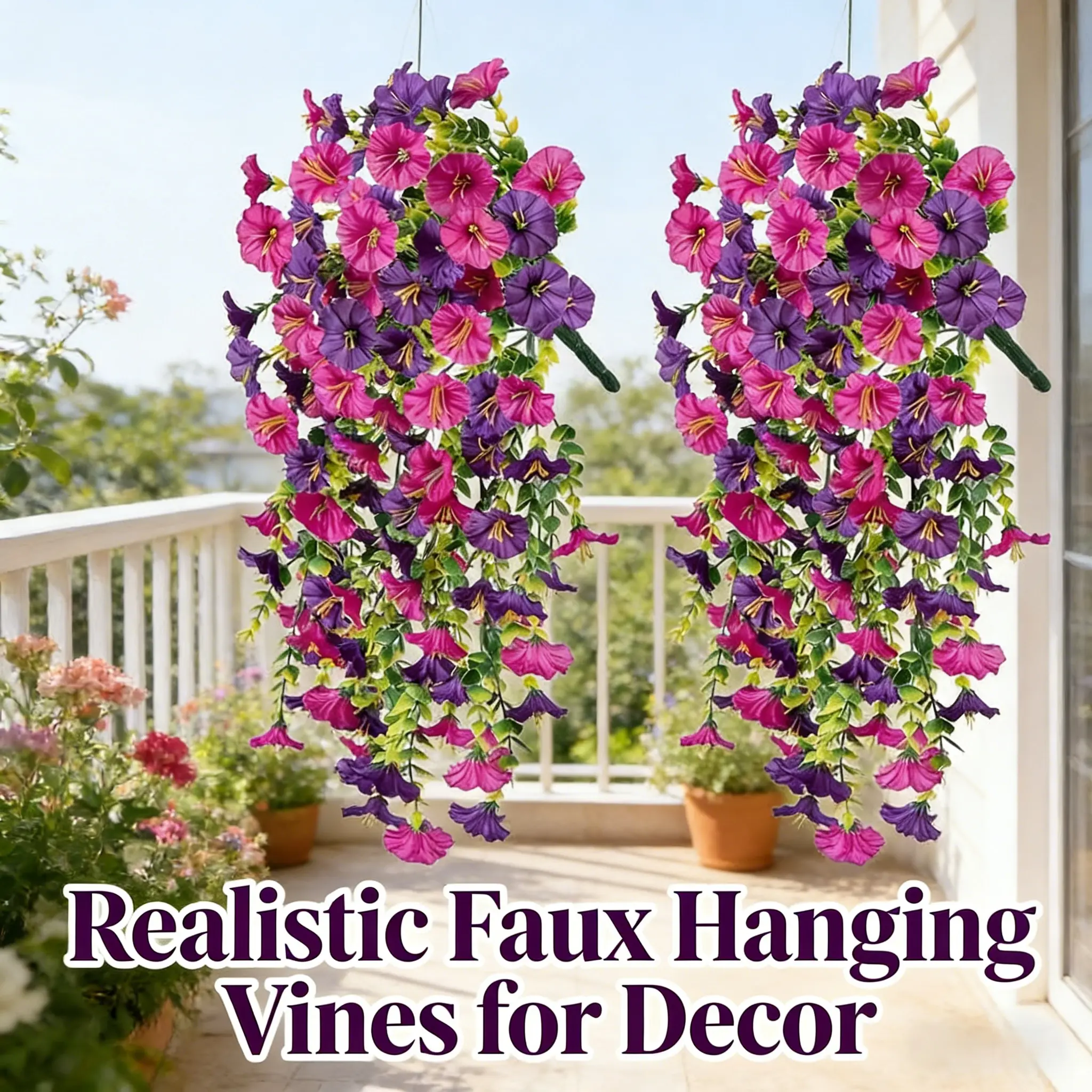 Outdoor Courtyard Artificial Flowers, Eucalyptus & Morning Glory Silk Flowers, Home Wedding Decor, Wall Hanging Rattan Vines & Flower Garlands,You'll receive exactly 2 pcs