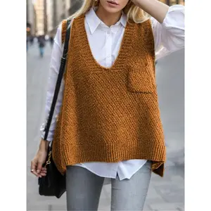 Women’s solid-color high-low V-neck sweater vest with pockets; casual sleeveless jumpsuit vest; all-season women’s knitwear