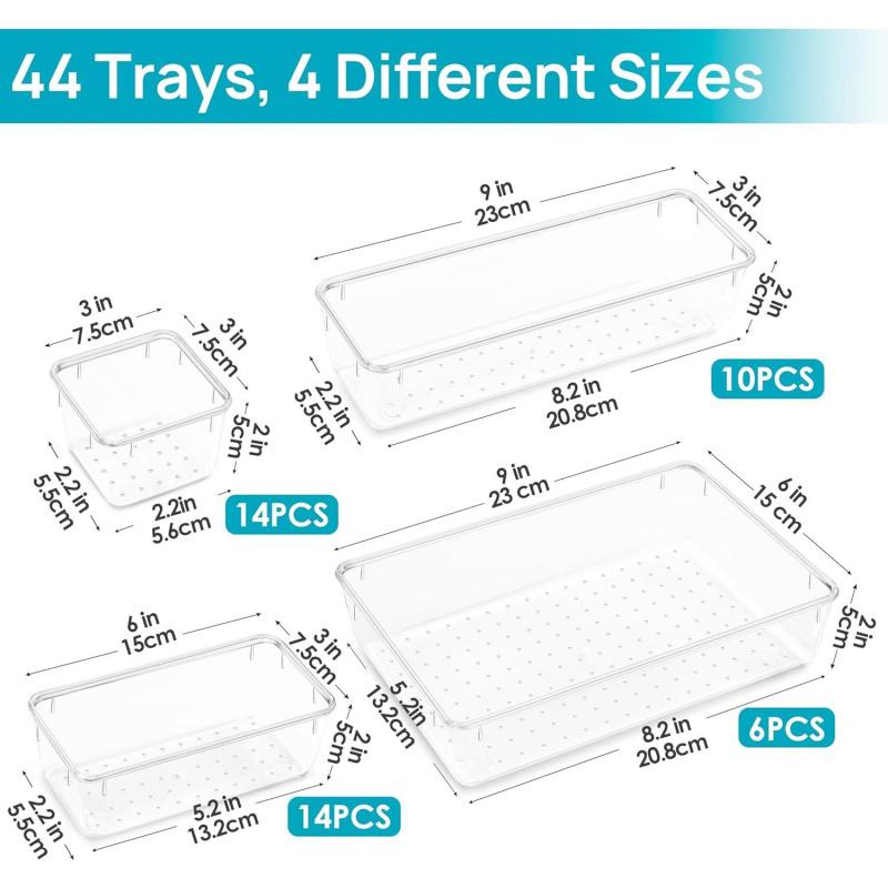 44 count Clear Plastic Drawer Organizers Set, 4-Size Versatile Bathroom and Vanity Organizer Trays, Non-Slip Storage Containers for Makeup, Jewelries, Bedroom,Kitchen Utensils and Office