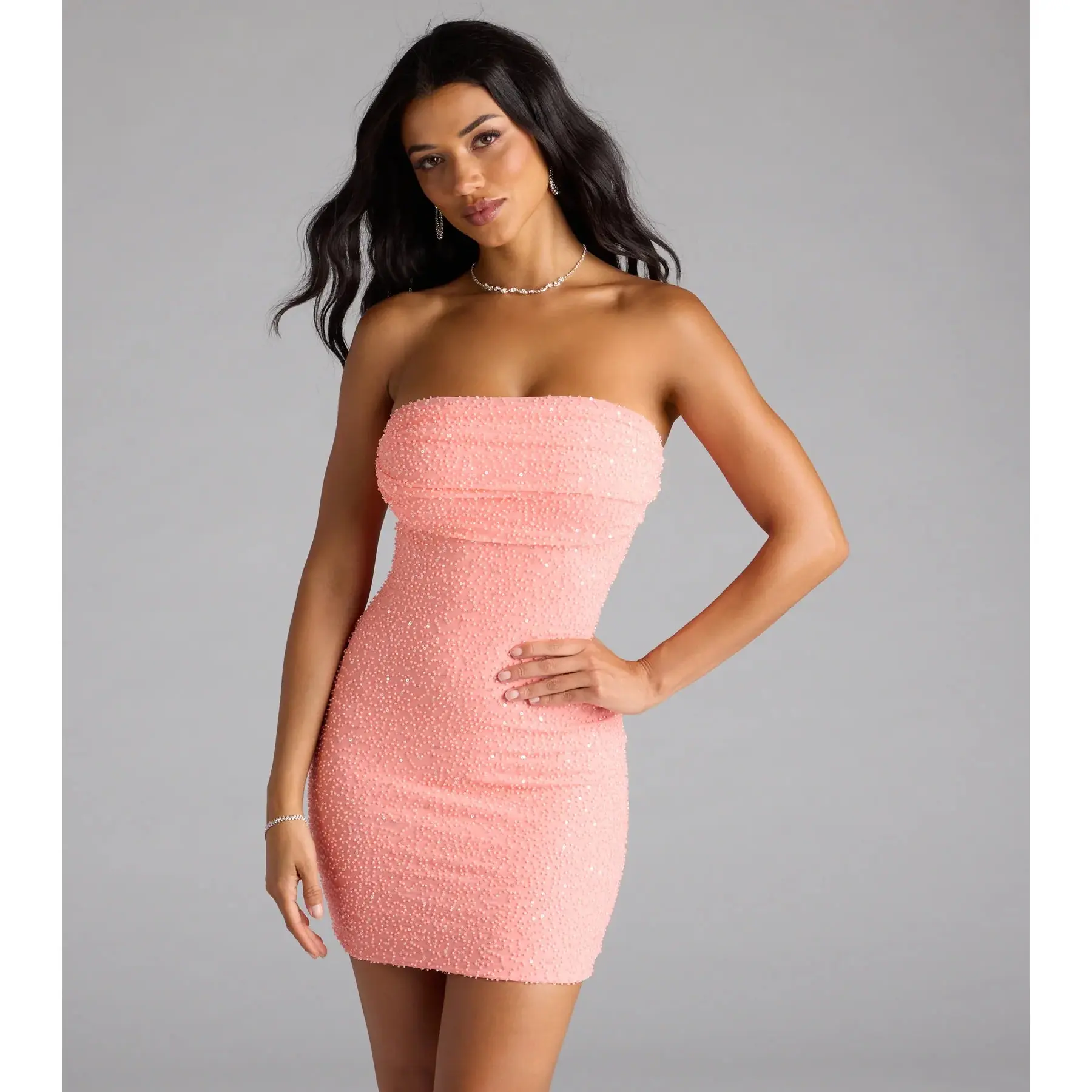Lena Strapless Bodycon Beaded Mesh Mini Dress - TikTok Shop Lena Strapless Bodycon Beaded Mesh Mini Dress - TikTok Shop