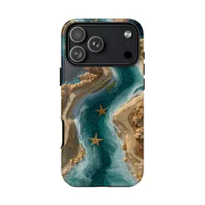 Teal Aqua Seafoam Starfish Resin Art Phone Case: iPhone 17 17e 16 15 14 13 12 Pro Max Air | Galaxy S26 | MagSafe Wireless Charging