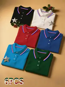 Men's Casual Colorblock Polo Shirts Set of 6, Comfortable Button Collar, Business & Outdoor Sports, Short Sleeve Fitted Tee, Menswear