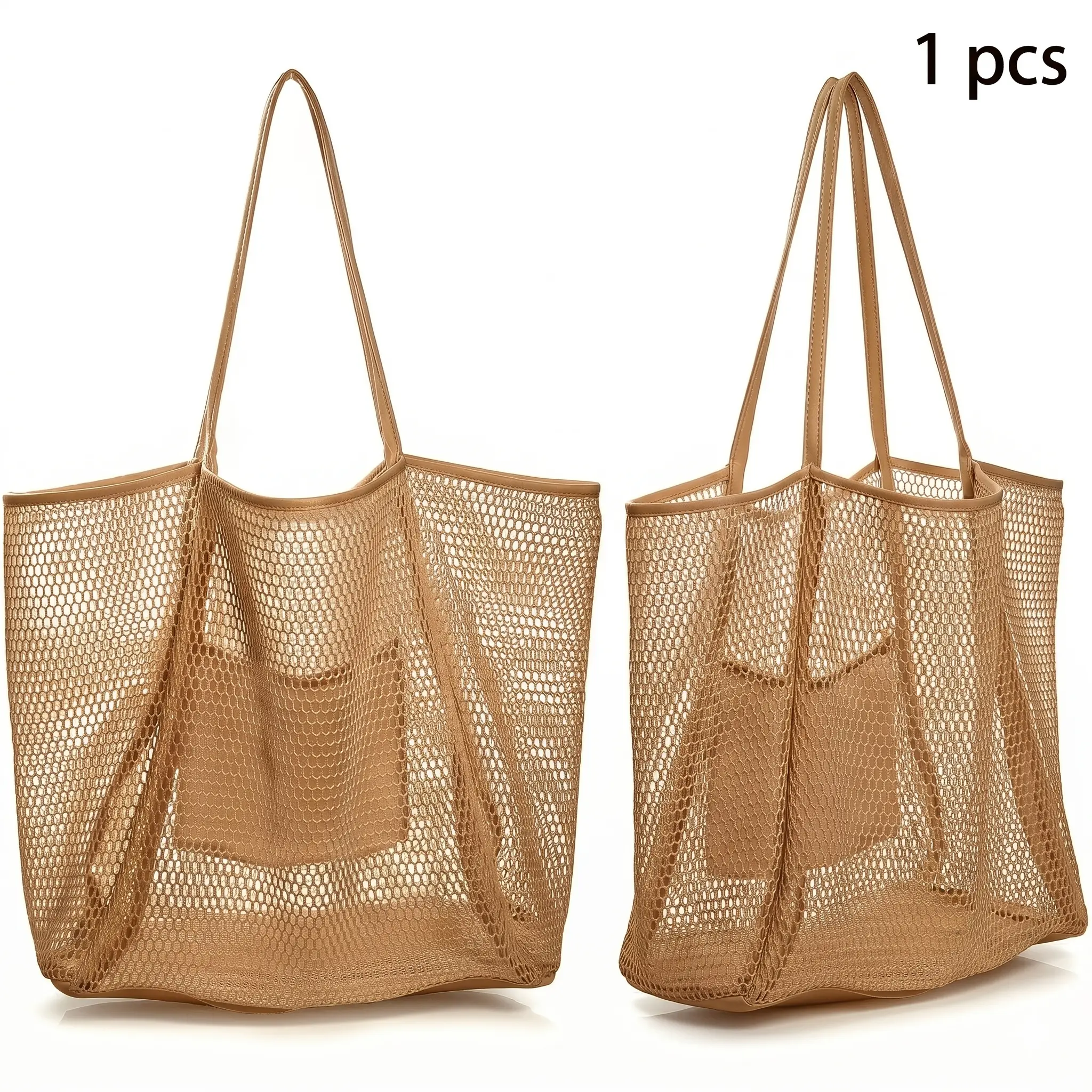 Women's Foldable Netted Mesh Beach Tote Bag - Casual, Compact, Lightweight Breathable Shoulder Handbag, Packable Multi-use Storage Carryall for Outdoor, Daily Organization, Portable
