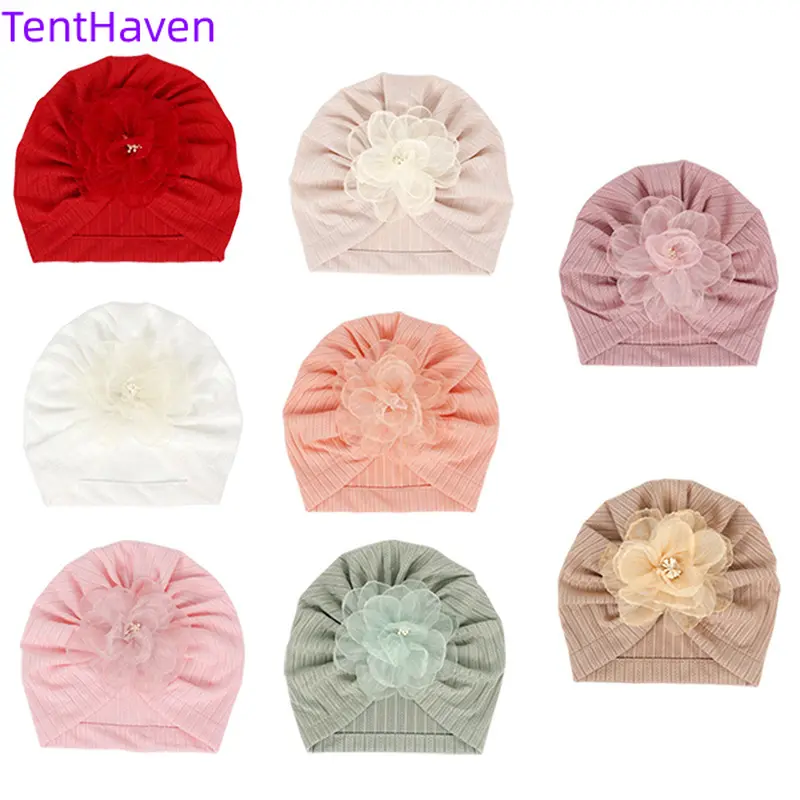 Female Baby Girls' Cute Lightweight Soft Cotton Beanie - Toddler Hats, Infant Hat, All Seasons Daily Wear Sports & Outdoor Headwear with Burnt-Edge Chiffon Flower, Solid Color Easy-to-Match for 0-3 Years