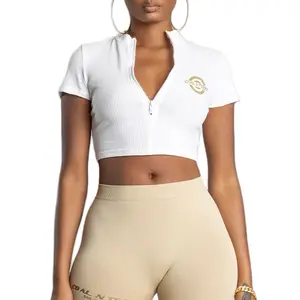 White and Gold Zipper Logo Crop Tops Womenswear Shirts
