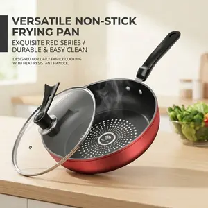 Versatile Non-Stick Frying Pan with Glass Lid, Red Series Durable Skillet with Heat-Resistant Handle, Easy Clean Nonstick Pan for Daily Family Cooking