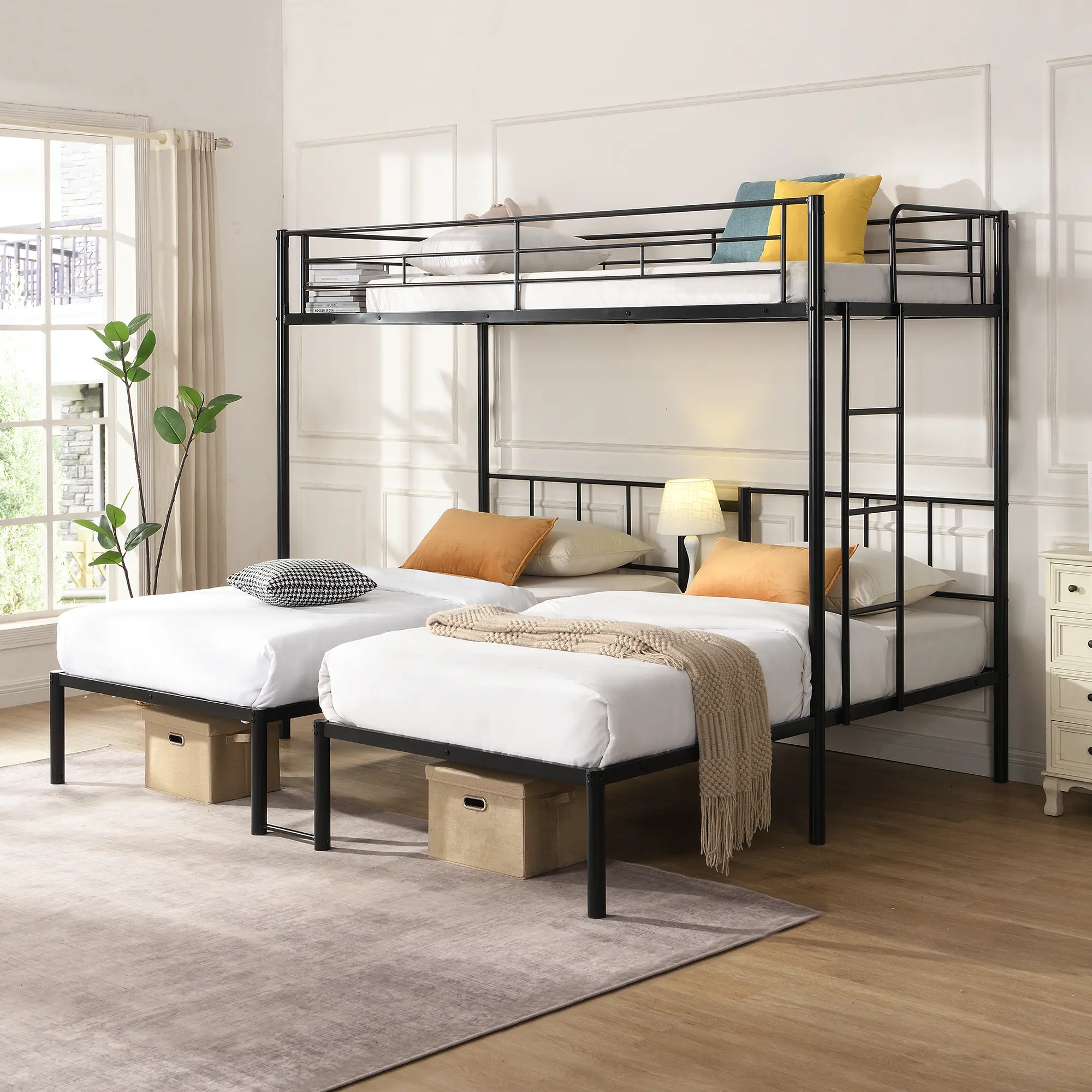 Twin Over Twin Over Twin Triple Bunk Bed with Vertical Ladder, Metal Frame Bunk Bed with Safety Rail, Space-Saving Bunk Beds for Kids Bedroom, Dormitory, Guest Room, Heavy Duty Steel Construction, No Box Spring Needed, Black, Bedroom Furniture f