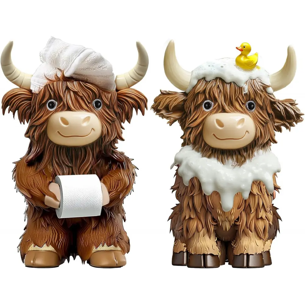 Decorative Floral Light-Up Highland Cow Resin Figurine Set with 2-Piece Gnome Statues, 4.9"-Height Rustic Durable Figurines & Miniatures for Farmhouse Desk Home Decor, Gift for Calf Lovers