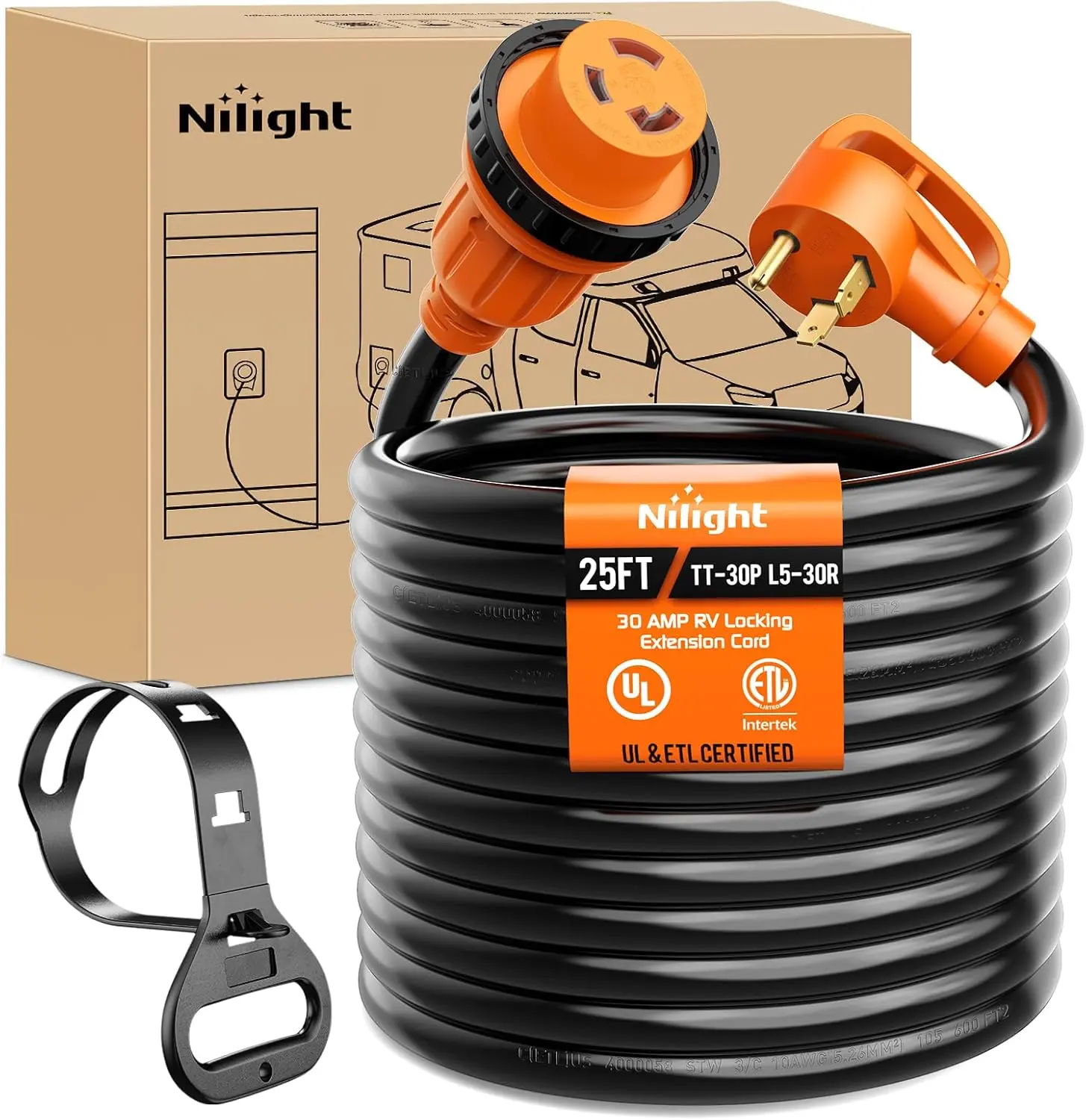 Nilight 30 Amp 25FT RV Locking Extension Cord 125V Heavy Duty 10 Gauge Pure Copper STW Wire ETL Listed 3 Prong TT-30P L5-30R 30F/30M Weatherproof Suit for Camper Trailer, 30Amp Rated
