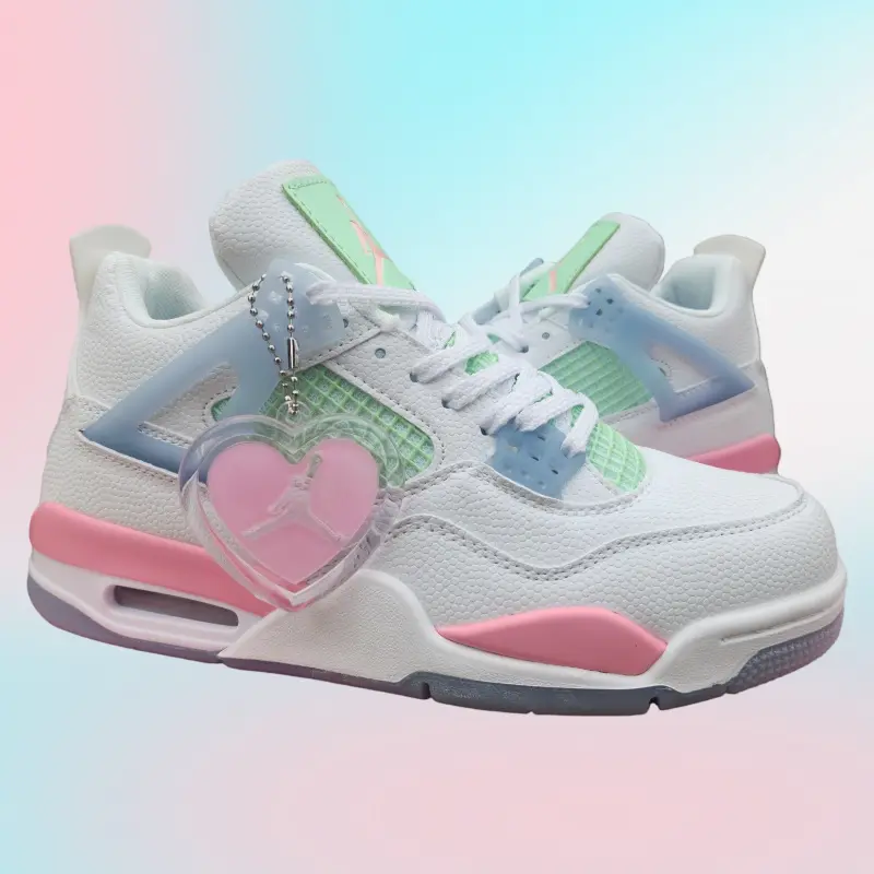 Cream white grain leather mid top sneakers pastel pink mint light blue mesh panels translucent rubber outsole heart charm cute retro basketball trainers
