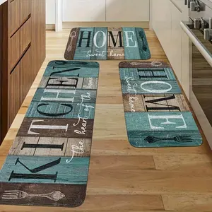 Green, Brown and Blue-Green Country Kitchen Mat Set: Spring & Summer Outdoor Theme Kitchen Rugs, 2/3pcs Set, 8mm Thick, 18D Density, 500g/m², Rectangular, Machine Washable, Soft, Easy Clean, Suitable for Kitchens, Bathrooms, Bedrooms and Living Rooms, Eli