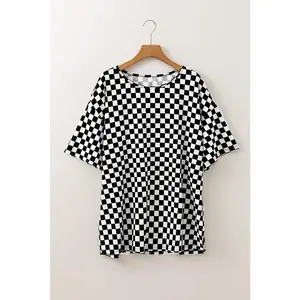 Black Checkered Print Side Slits O Neck Plus Size T Shirt