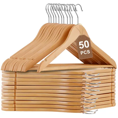 Zeny 50-Pack Classic Natural Maple Wooden Hangers - 360° Rotatable Iron Hook, Rounded Contoured Shoulders, 11lbs Capacity, Curved Design Multifunctional Clothes Hanger, Eco-Friendly Natural Finish, 17.7"l x 0.5"w x 9"h for Adult Apparel