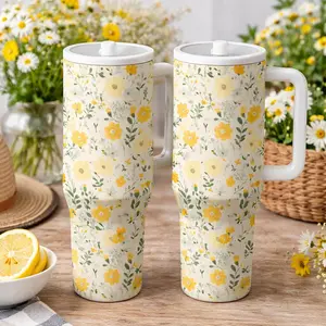 AuraCup 1pc 40oz Insulated Tumbler with Handle and Lid, Yellow Floral Pattern Stainless Steel Travel Mug, Elegant Spring Flower Design Coffee Water Cup, Double Wall Vacuum Insulated Tumbler for Hot and Cold Drinks, Large Capacity Gift for Home and Outdoor