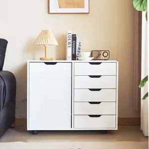 Aesthetic Storage Cabinet on Wheels – 5-Drawer + Door White Organizer for Bedroom, Office & Dorm