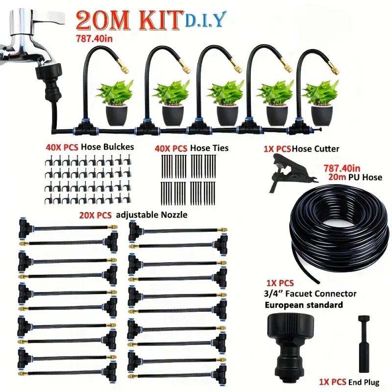[20m] Universal Atomizing Micro-Drip Irrigation Kit, Plant Watering Devices, with Adjustable 7.87-inch Spray Nozzle, Automatic Watering System for Balcony Grese Gardening, European/American Thread Standards, Flexible Hose, Water Pressure Driven