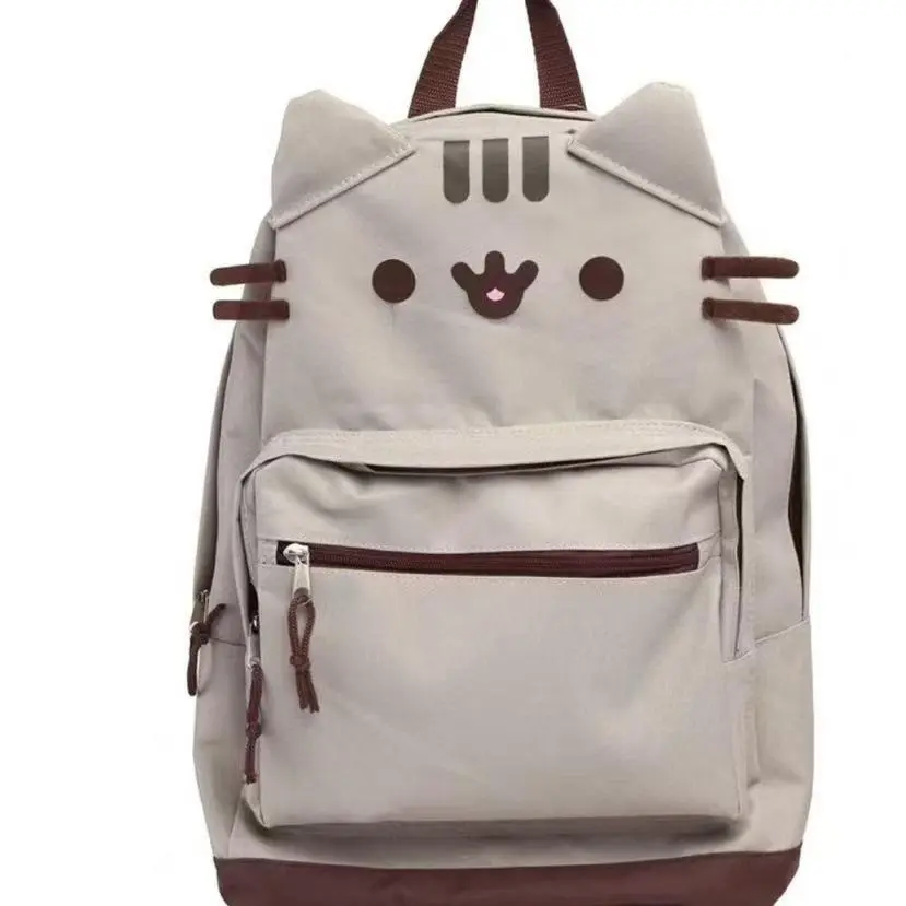 Off White 3D Ear Pusheen Cat Canvas Backpack, Cute Cartoon Kitten Large Capacity School Bookbag, Kawaii Soft Girl Casual Travel Daypack