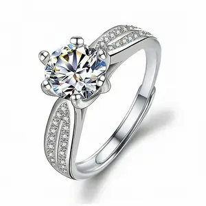 1 Carat Zircon Ring Open Adjustable Size Six Prong Setting Women Finger Ring Copper Base Plated Shiny Zirconia Fashion Jewelry For Daily Wedding Party Engagement Ring