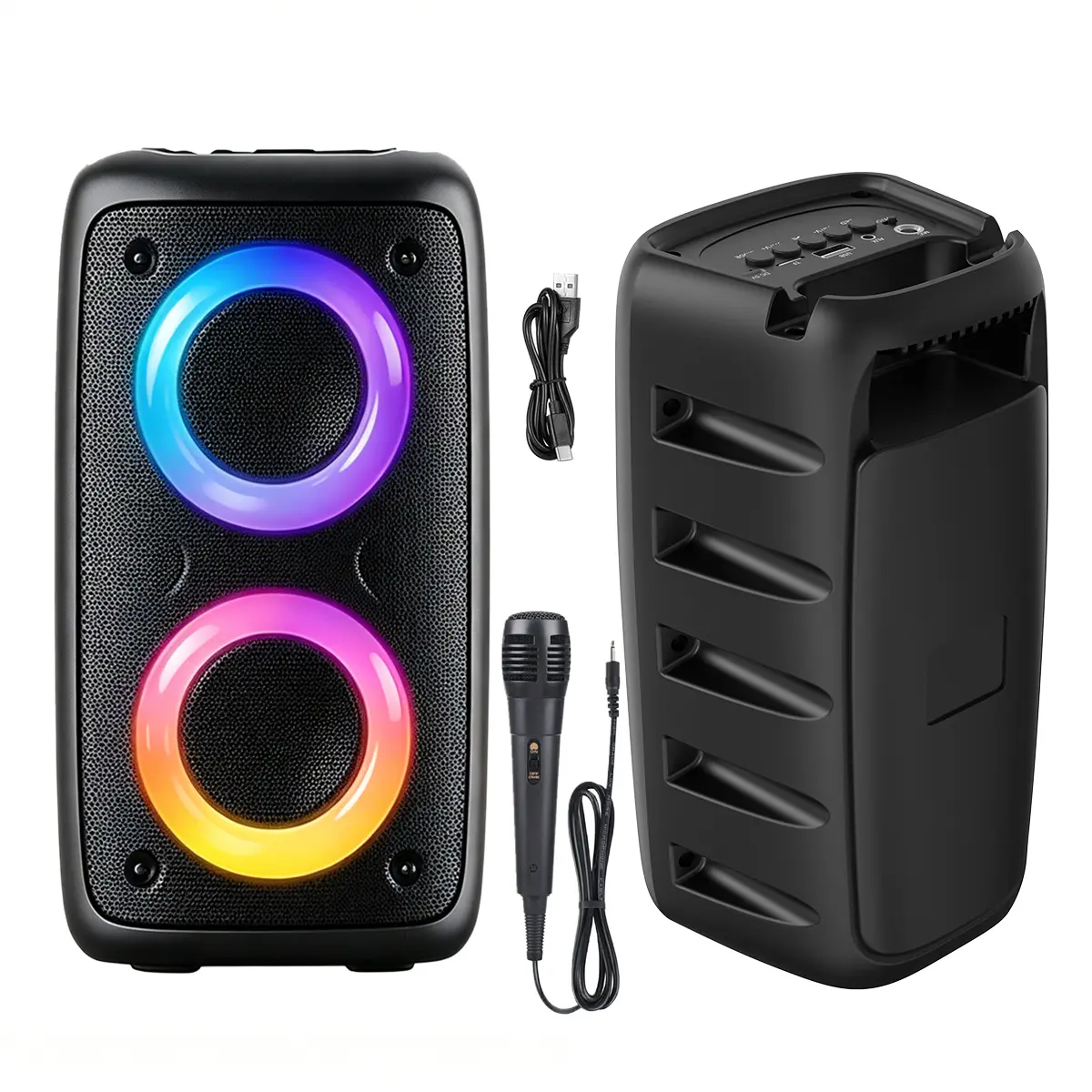 New portable subwoofer speaker featuring RGB lighting effects and high-power stereo sound; offers wireless Bluetooth connectivity and compatibility with smartphones and tablets; equipped with AUX and microphone inputs—ideal for parties and gatherings.