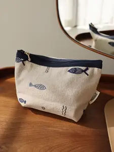 Japanese Style Fish Embroidery Makeup Bag, Portable Embroidered Travel Organizer with Zipper, Travel Cosmetic Bags, Ethnic Pattern Inner Pocket, Handmade Cosmetic Pouch