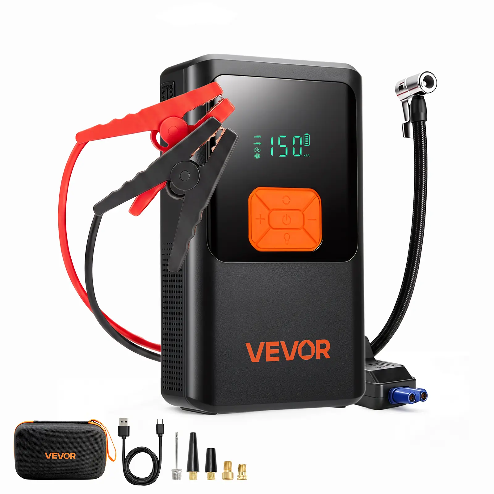 VEVOR Jump Starter with Air Compressor 4000A Peak Car Battery Jump Box, Portable for 9.0L Gas / 8.0L Diesel, 150 PSI Auto-Shutoff Tire Inflator, Power Bank, 12V Battery Charger, with LED Flashlight