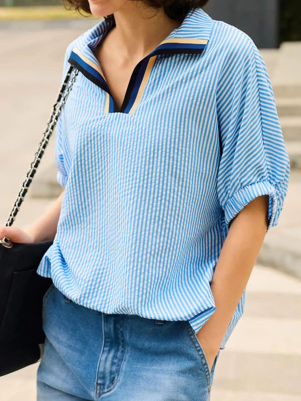 Tankaneo Womens V Neck Striped Blouse Oversized Dolman Sleeve Tops Summer Casual Loose Fit Polo Shirts