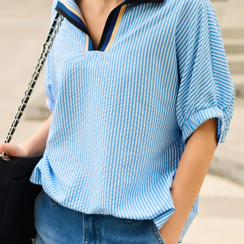 Tankaneo Womens V Neck Striped Blouse Oversized Dolman Sleeve Tops Summer Casual Loose Fit Polo Shirts