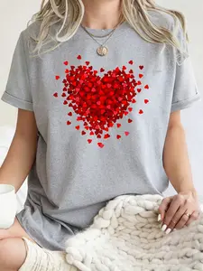 Womens Crew Neck Short Sleeve T Shirt 3 Colours Red Mini Heart Collage Large Heart Print Relaxed Fit Hide Tummy Slimming Soft Skin Friendly Breathable Youthful Tone Brightening Lazy Style Versatile For Daily Commute Travel Dating Girls Day Out