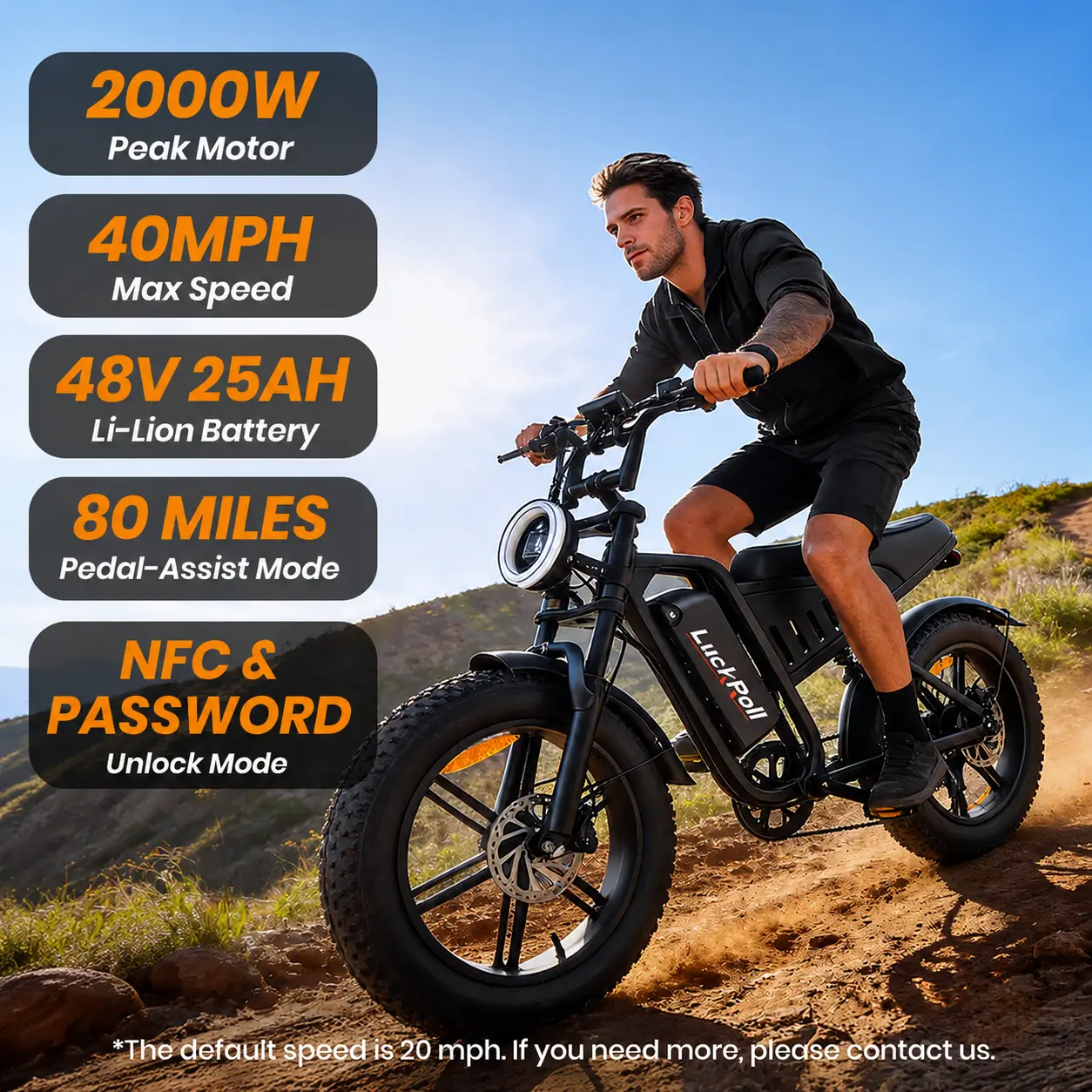 2000W Peak Moped-Style Fat Tire Electric Bike for Adults, Up to 40 MPH MAX Speed, Full Suspension All-Terrain Ebike, 48V 25Ah (1200Wh) Removable Battery, Up to 80-Mile PAS Range, 20×4" Fat Tires, NFC Smart Unlock, TÜV Certified to UL 2849 Safety Standard