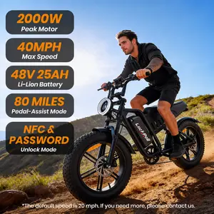 2000W Peak Moped-Style Fat Tire Electric Bike for Adults, Up to 40 MPH MAX Speed, Full Suspension All-Terrain Ebike, 48V 25Ah (1200Wh) Removable Battery, Up to 80-Mile PAS Range, 20×4" Fat Tires, NFC Smart Unlock, TÜV Certified to UL 2849 Safety Standard