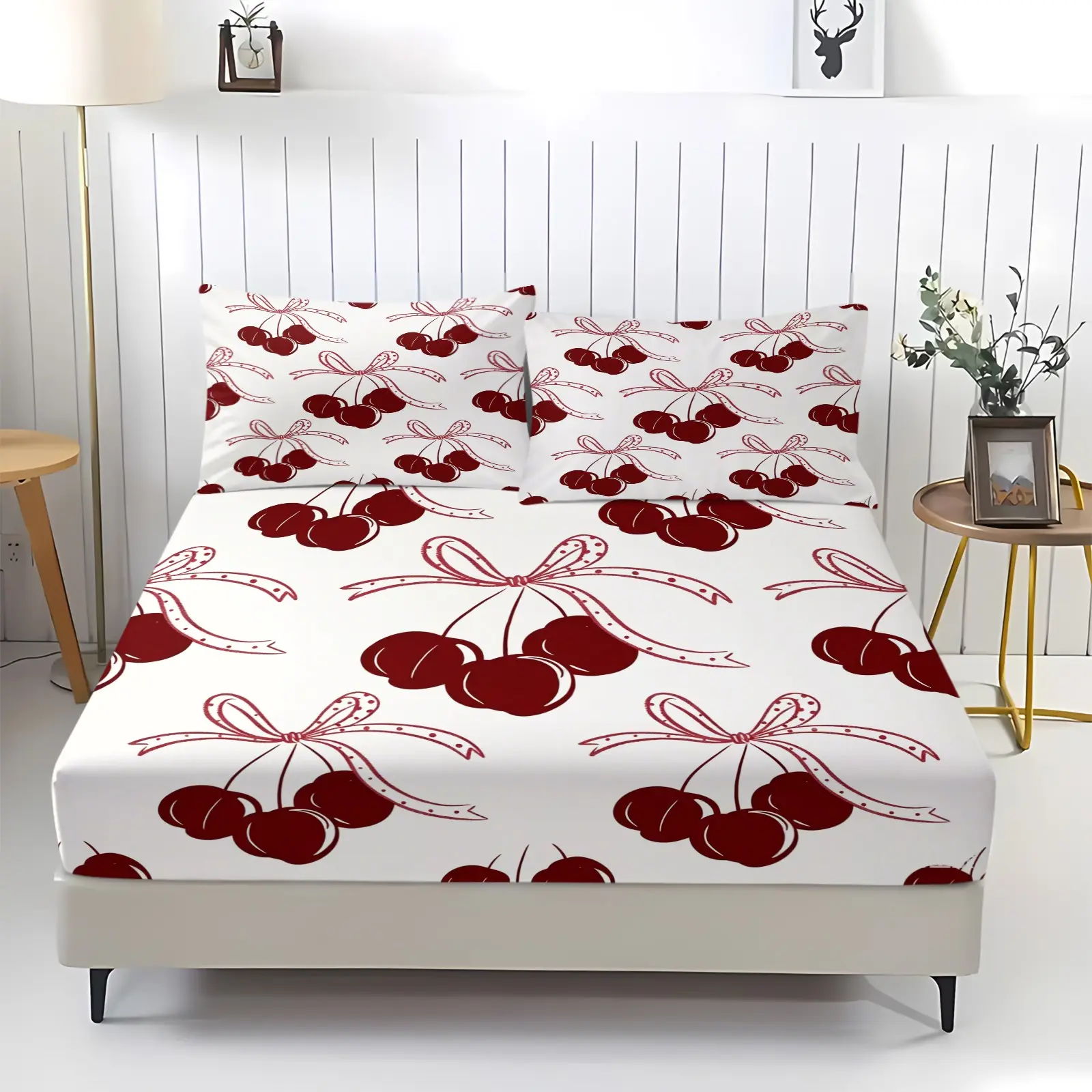 Cherry patterned printed bed sheet, including 1 bed sheet and 2 pillowcases, anti slip dust cover suitable for bedrooms and guest rooms, suitable for personal use or gift giving