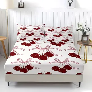 Cherry patterned printed bed sheet, including 1 bed sheet and 2 pillowcases, anti slip dust cover suitable for bedrooms and guest rooms, suitable for personal use or gift giving