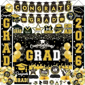 Graduation Decorations 2026 Black Gold Set - Grad Banner Graduation Backdrop Porch Banners Cake Toppers Hanging Swirls Honeycomb Centerpieces Balloons Grad Garden Flags for Graduation Party Supplies