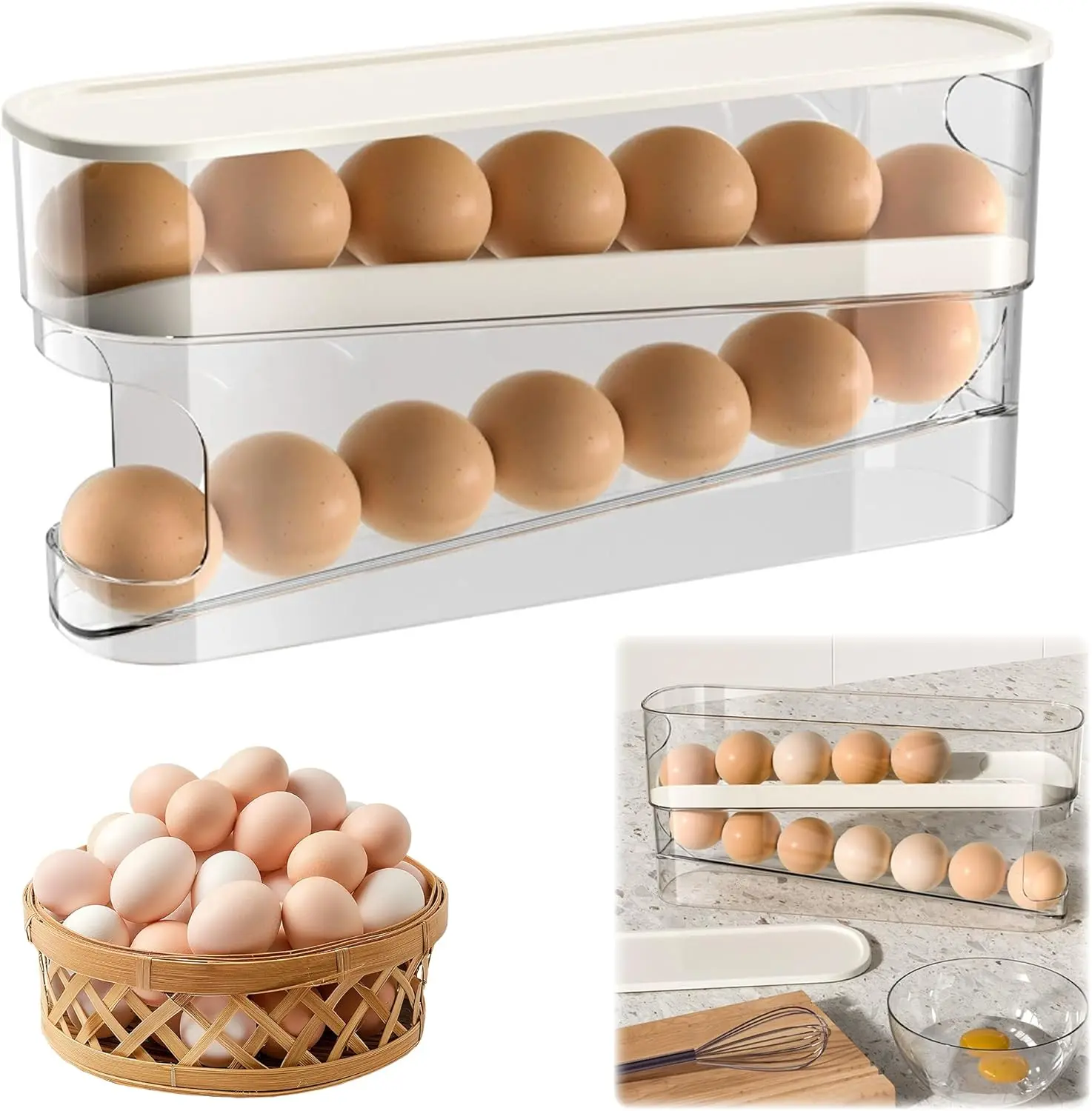 Egg Holder for Fridge, 2026 New Egg Organizer for Refrigerator Automatic Scrolling Eggs Rack Holder Rolling Dispenser, Stackable Fridge Container and Storage with Lid (1 Pcs)