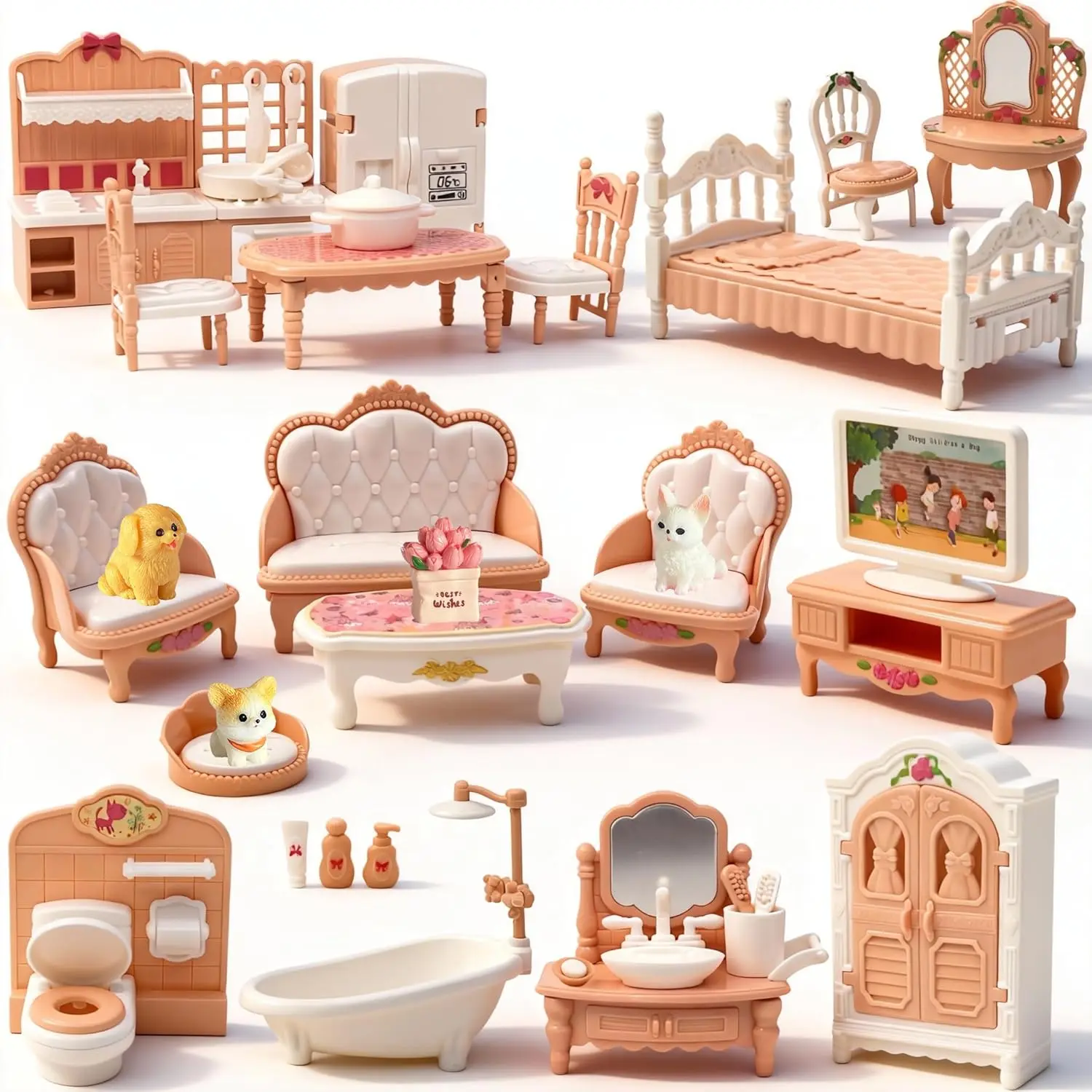 38-Piece Miniature Dollhouse Furniture Set with Dogs & Cat - Kitchen, Bedroom, Living Room, Bathroom Accessories for Kids 3+