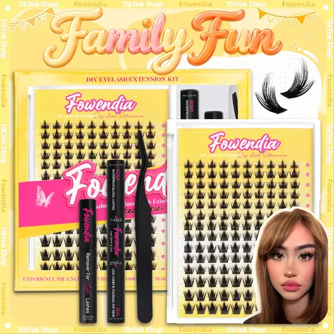 Fowendia Lash Clusters Kit - DIY Volume Makeup Fluffy False Eyelashes, Short Manga Anime Style, California Sunset/Wanna Be Short, C/D Curl, 8-14mm, Ultra-Thin Transparent Bands, Bond, Seal, Remover