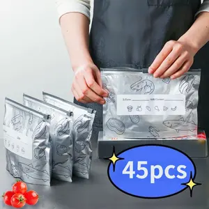 45-Piece Reusable Aluminum Foil Food Storage Bags, Sealed Kitchen Essentials, Ideal for Fridge & Freezer Organization, Includes Labels, Reusable Lunch Containers