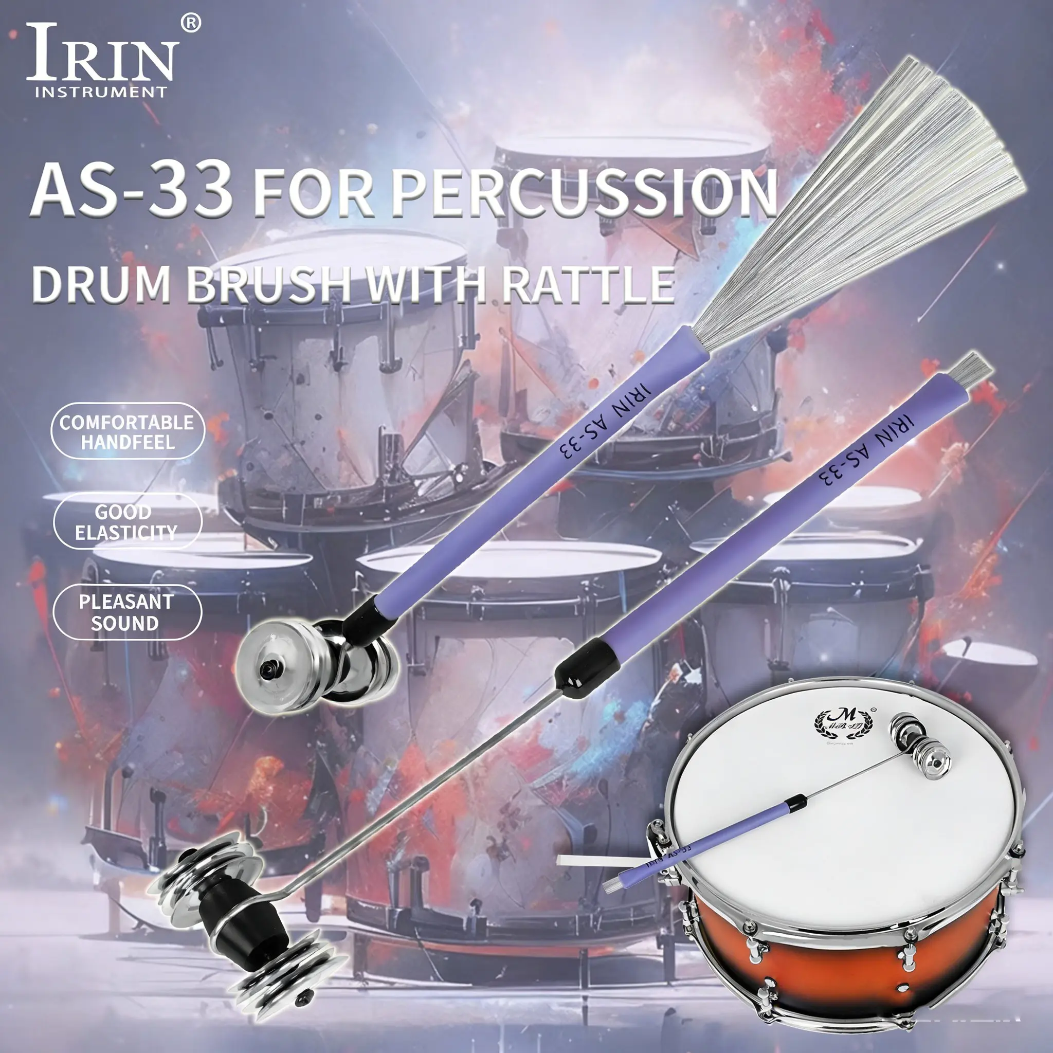 Irin Drum Brush Set, High Carbon Steel Brushes, Retractable Design, Clear Bell Sound, Ideal for Live Performances & Studio Recording