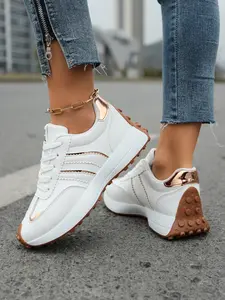 Women's Couple shoes, unisex ,Thick Sole Aggressive Shoes, Rose Gold Metal Decoration, Retro Style, Comfortable PU Leather, All-Season Casual Footwear,New Women's Soft Sole Platform Retro Running Shoes, Lightweight Non-slip Casual Athletic Sneakers, Rose