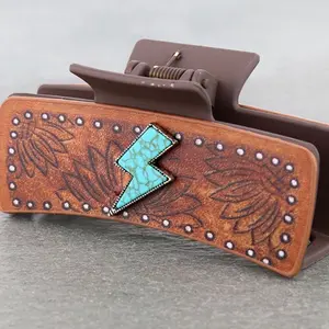 Sunflower Leather Thunder Hair Clip - Brown Leather with sunflower Design, Includes Clip Attachment, Durable and Stylish Hair Accessory