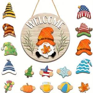 1 Set Gnome Wooden Decorative Plaque & Ornament Welcome Round Door Hanger Interchangeable Seasonal Decor Suitable for Homes, Offices & Cafes Decoration for Thanksgiving, Halloween & Christmas Wooden Gnome Decorations