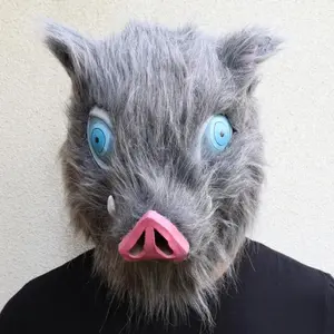 Anime Kimetsu No Yaiba Masker Hashibira Inosuke Lang Haar Varken Hoofd Latex Masker Headset Halloween Cosplay Prop Masker