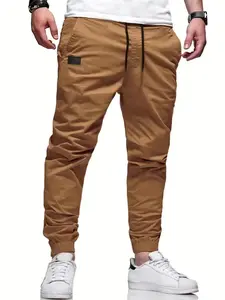 Tiktok Shop Store Men'S Clothing Clothes Men'S Men'S Solid Color Patched Drawstring Waist Jogger Pants, Loose Casual Pocket Trousers For Daily Wear, Fashion Men'S Bottoms For All Seasons