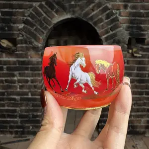 Galloping Horses Red Ceramic Tea Cup with Vibrant Horse Illustrations on Red Background