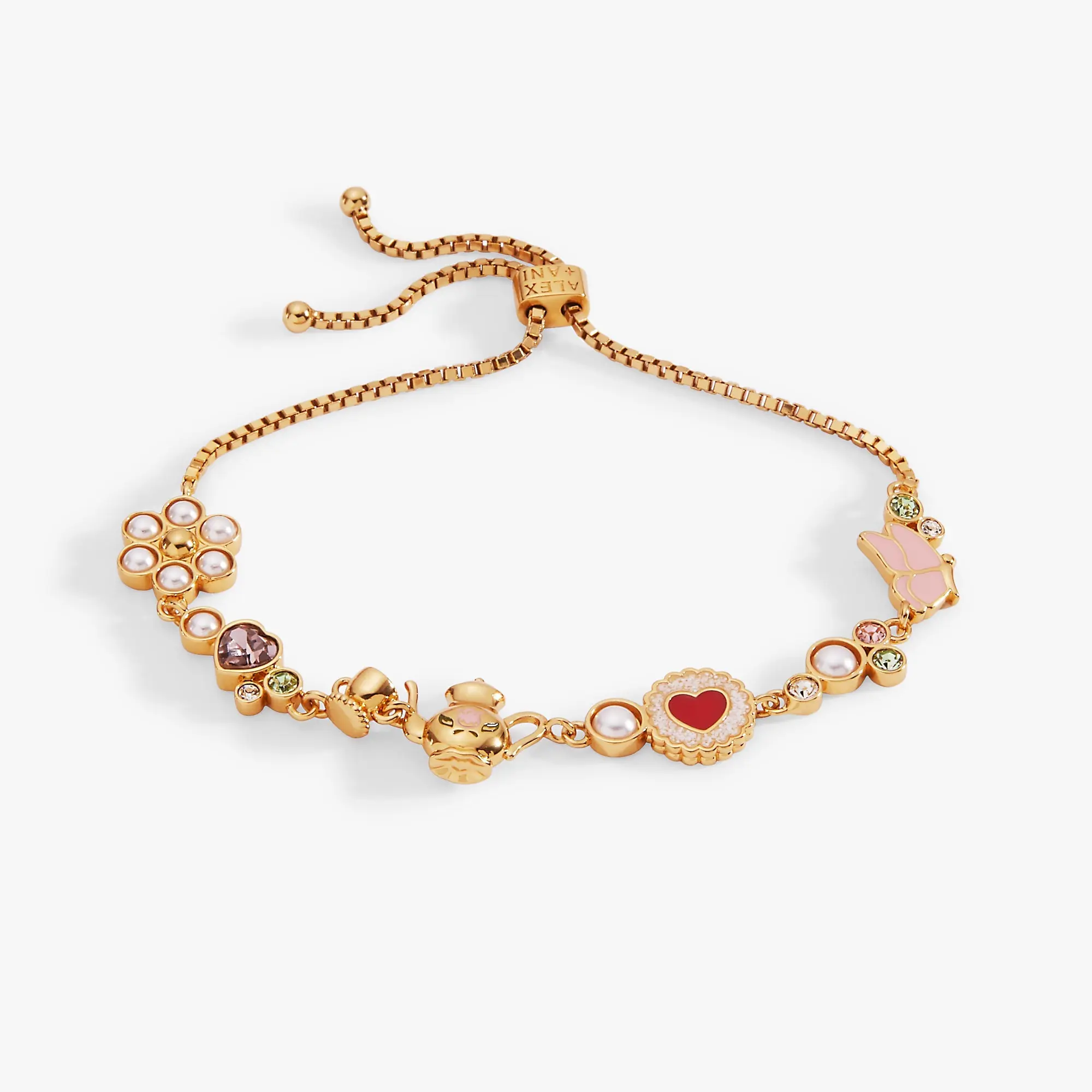 Tea Party Bolo Bracelet | Adjustable Charm Bracelet with Daisy, Teacup & Butterfly by ALEX AND ANI – Gold