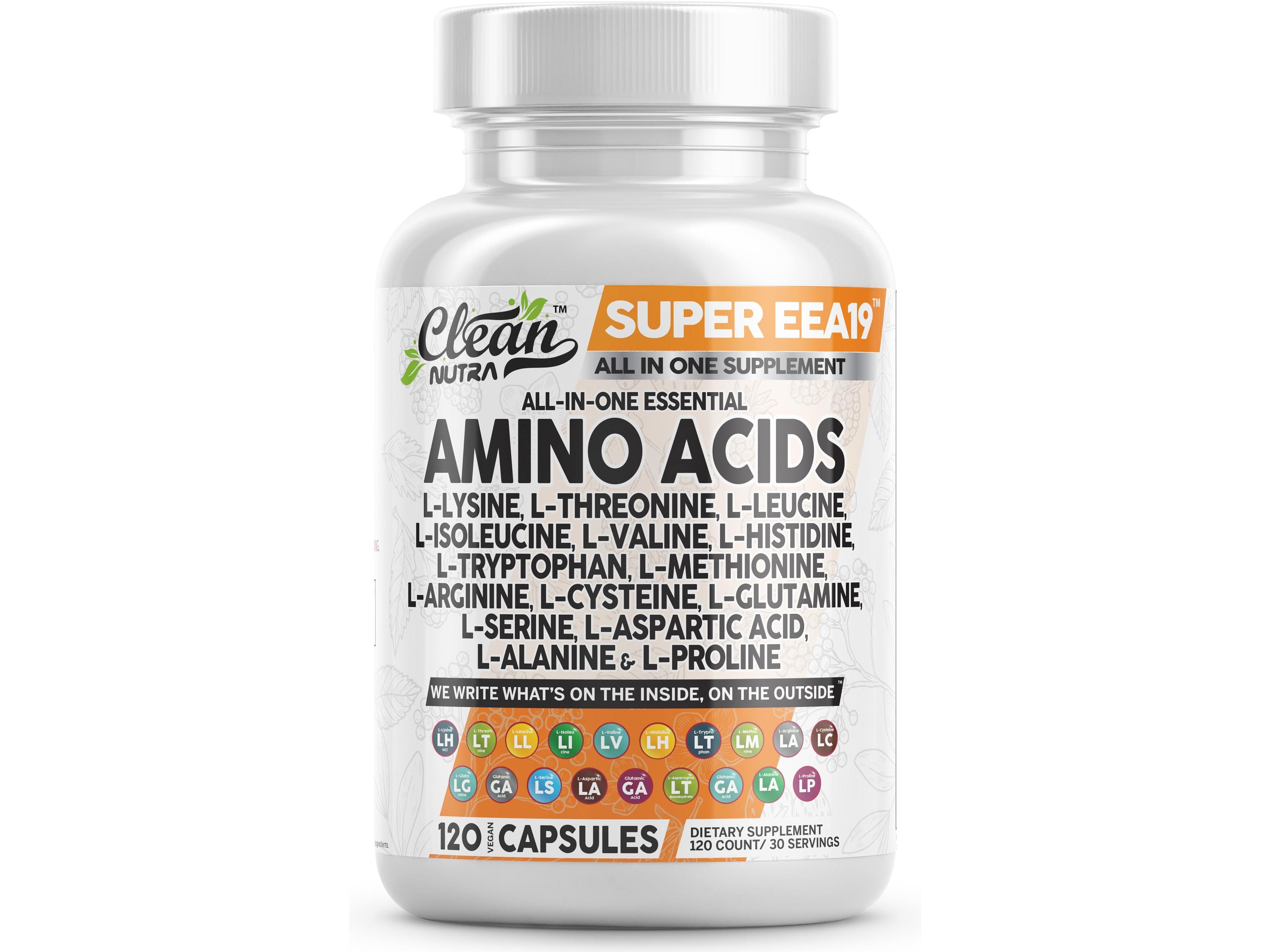 Clean Nutra Amino Acids Supplement with L-Lysine, L-Threonine, L-Leucine, Isoleucine, Valine, L-Histidine, L-Tryptophan, L-Methionine, L-Arginine, L-Cysteine, L-Glutamine for Muscle Recovery & Performance Capsules – Super EEA19