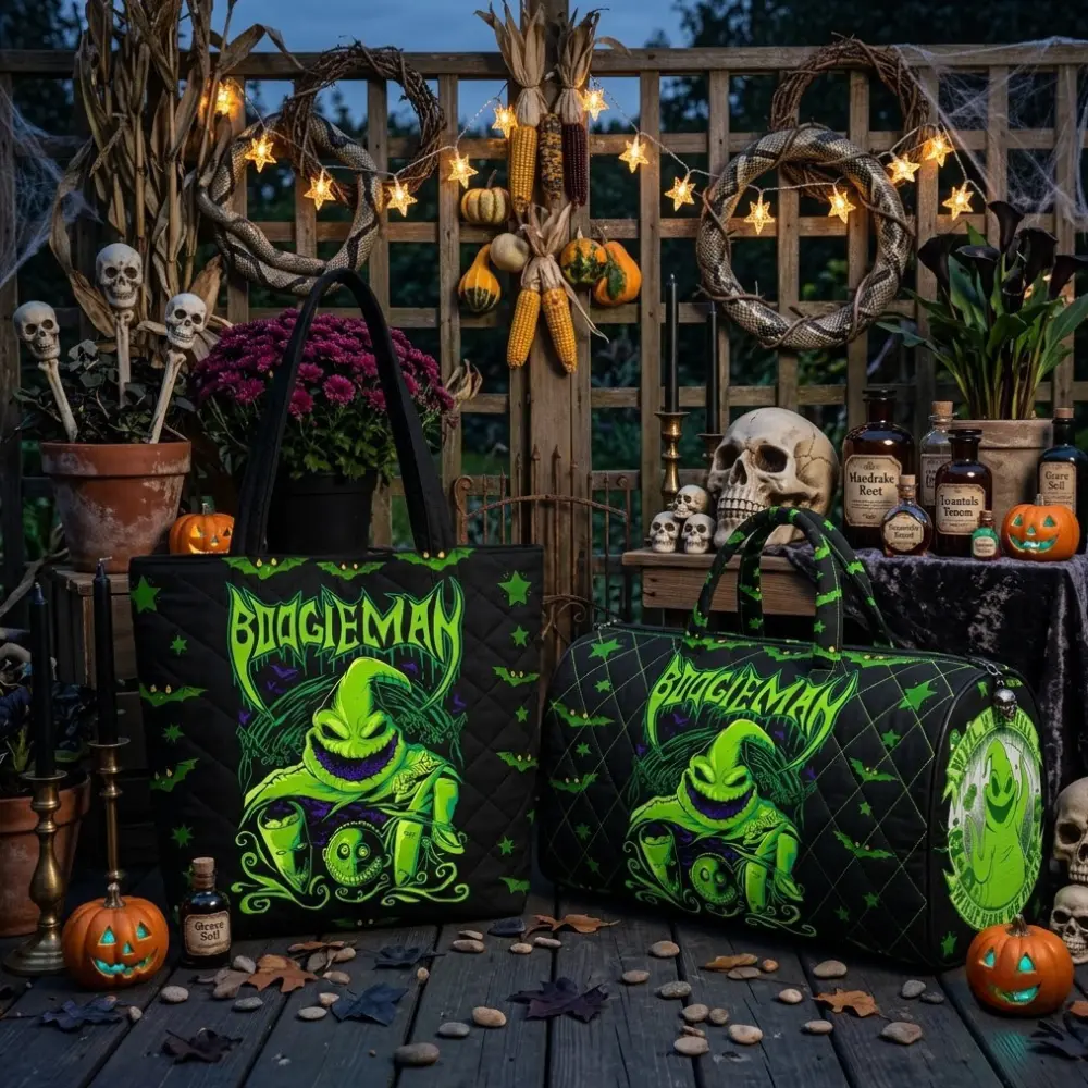 Oogie Boogie Halloween Quilted Tote & Weekend Bag Set, Spooky Green Boogeyman Well Well Well Character Design, Gift for Horror Movie Fans