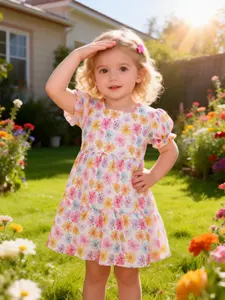 Cute Bubble Sleeve Square Neck Patchwork Ditsy Floral Zipper Woven Dress, Casual Simple Style, Fitted Cartoon Pattern, Women's Fashion, Sundress