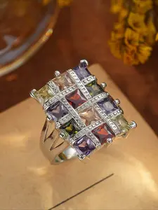 Vintage Elegant Unique Luxurious Multicolored Geometry Cubic Zirconia Ring for Women Charm Wedding Engagement Ring Bridal Jewelry Christmas Valentine's Day Anniversary Gifts Christmas Day