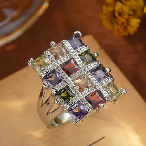 Vintage Elegant Unique Luxurious Multicolored Geometry Cubic Zirconia Ring Geometric Rings for Women Charm Wedding Engagement Ring Bridal Jewelry Christmas Valentine's Day Anniversary Gifts Christmas Day Vintage Rings Jewelry Beautiful Rings